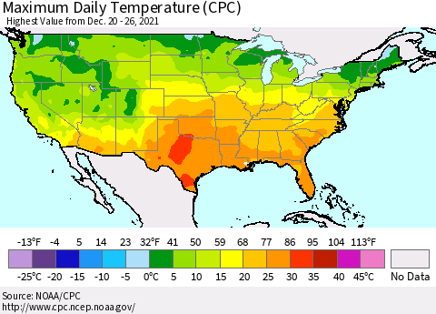 United States Maximum Daily Temperature (CPC) Thematic Map For 12/20/2021 - 12/26/2021