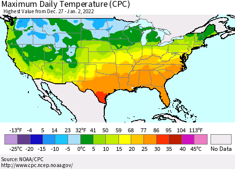 United States Maximum Daily Temperature (CPC) Thematic Map For 12/27/2021 - 1/2/2022