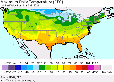 United States Maximum Daily Temperature (CPC) Thematic Map For 1/3/2022 - 1/9/2022