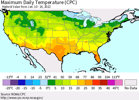 United States Maximum Daily Temperature (CPC) Thematic Map For 1/10/2022 - 1/16/2022