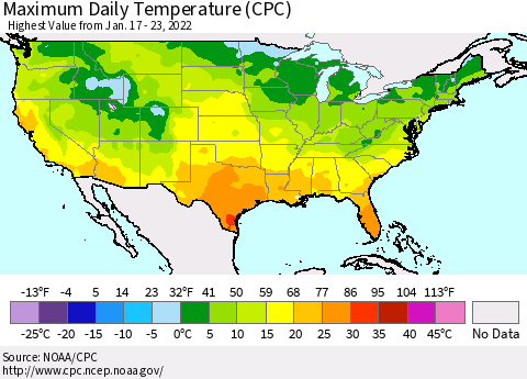 United States Maximum Daily Temperature (CPC) Thematic Map For 1/17/2022 - 1/23/2022