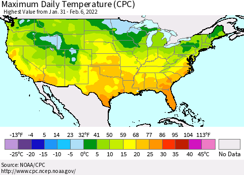 United States Maximum Daily Temperature (CPC) Thematic Map For 1/31/2022 - 2/6/2022