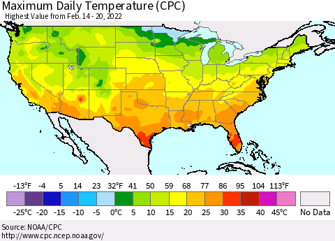 United States Maximum Daily Temperature (CPC) Thematic Map For 2/14/2022 - 2/20/2022
