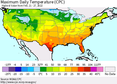 United States Maximum Daily Temperature (CPC) Thematic Map For 2/21/2022 - 2/27/2022