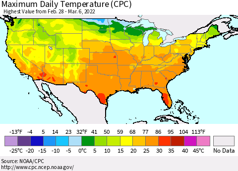 United States Maximum Daily Temperature (CPC) Thematic Map For 2/28/2022 - 3/6/2022