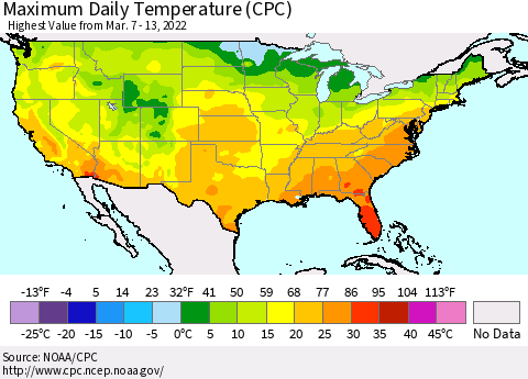 United States Maximum Daily Temperature (CPC) Thematic Map For 3/7/2022 - 3/13/2022