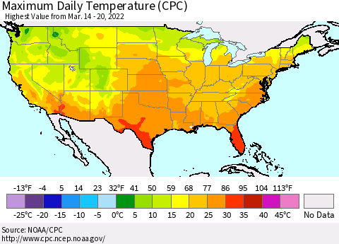 United States Extreme Maximum Temperature (CPC) Thematic Map For 3/14/2022 - 3/20/2022