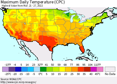 United States Extreme Maximum Temperature (CPC) Thematic Map For 3/21/2022 - 3/27/2022