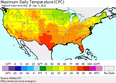 United States Extreme Maximum Temperature (CPC) Thematic Map For 3/28/2022 - 4/3/2022