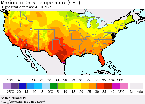 United States Maximum Daily Temperature (CPC) Thematic Map For 4/4/2022 - 4/10/2022