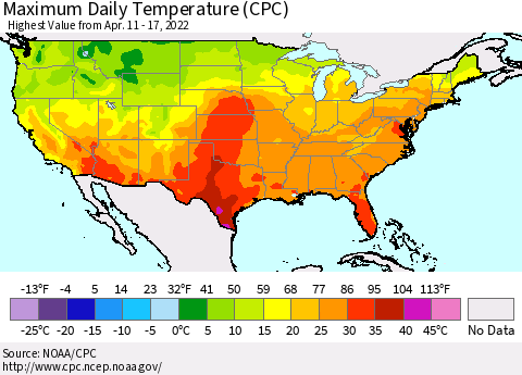 United States Maximum Daily Temperature (CPC) Thematic Map For 4/11/2022 - 4/17/2022