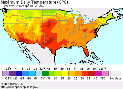United States Extreme Maximum Temperature (CPC) Thematic Map For 4/18/2022 - 4/24/2022