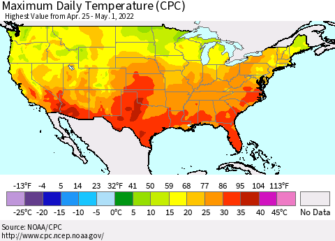 United States Maximum Daily Temperature (CPC) Thematic Map For 4/25/2022 - 5/1/2022