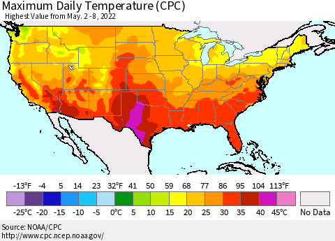 United States Maximum Daily Temperature (CPC) Thematic Map For 5/2/2022 - 5/8/2022