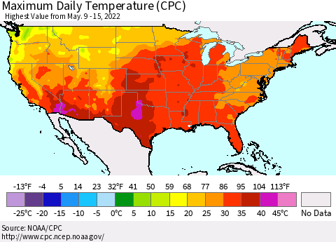 United States Extreme Maximum Temperature (CPC) Thematic Map For 5/9/2022 - 5/15/2022