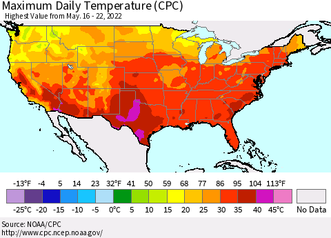 United States Maximum Daily Temperature (CPC) Thematic Map For 5/16/2022 - 5/22/2022