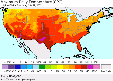 United States Maximum Daily Temperature (CPC) Thematic Map For 5/23/2022 - 5/29/2022