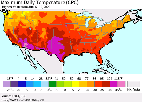 United States Maximum Daily Temperature (CPC) Thematic Map For 6/6/2022 - 6/12/2022