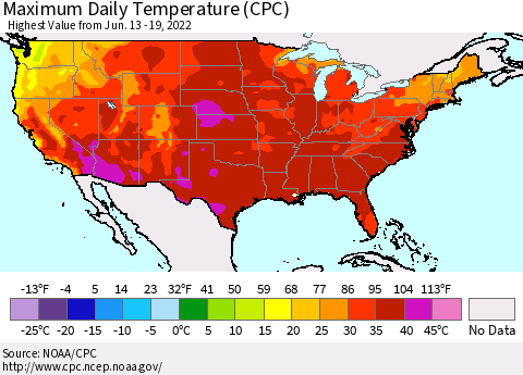 United States Maximum Daily Temperature (CPC) Thematic Map For 6/13/2022 - 6/19/2022