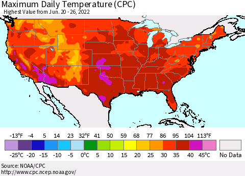 United States Maximum Daily Temperature (CPC) Thematic Map For 6/20/2022 - 6/26/2022