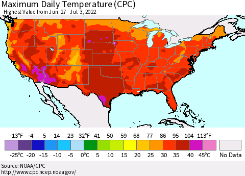 United States Extreme Maximum Temperature (CPC) Thematic Map For 6/27/2022 - 7/3/2022