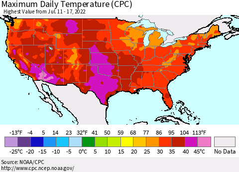 United States Maximum Daily Temperature (CPC) Thematic Map For 7/11/2022 - 7/17/2022