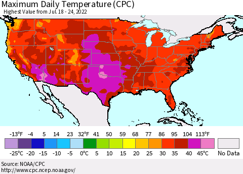 United States Maximum Daily Temperature (CPC) Thematic Map For 7/18/2022 - 7/24/2022