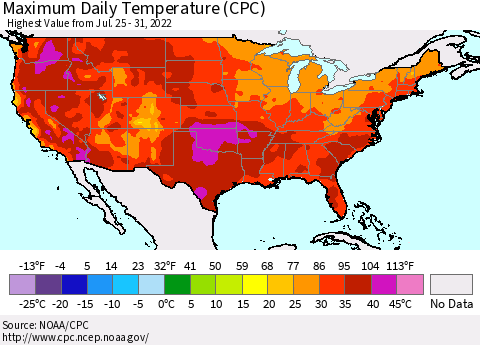 United States Maximum Daily Temperature (CPC) Thematic Map For 7/25/2022 - 7/31/2022