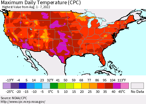 United States Maximum Daily Temperature (CPC) Thematic Map For 8/1/2022 - 8/7/2022