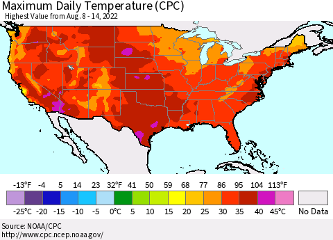 United States Maximum Daily Temperature (CPC) Thematic Map For 8/8/2022 - 8/14/2022