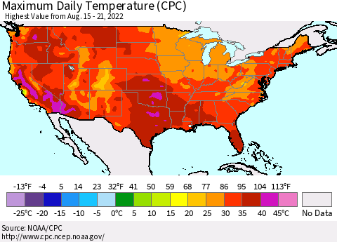 United States Maximum Daily Temperature (CPC) Thematic Map For 8/15/2022 - 8/21/2022