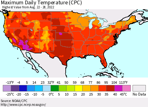 United States Maximum Daily Temperature (CPC) Thematic Map For 8/22/2022 - 8/28/2022