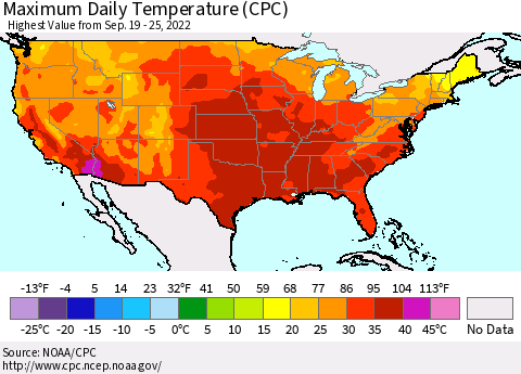 United States Maximum Daily Temperature (CPC) Thematic Map For 9/19/2022 - 9/25/2022