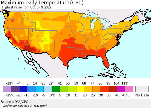 United States Maximum Daily Temperature (CPC) Thematic Map For 10/3/2022 - 10/9/2022