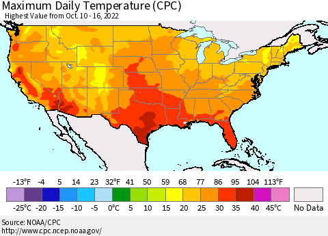 United States Maximum Daily Temperature (CPC) Thematic Map For 10/10/2022 - 10/16/2022