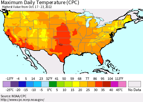 United States Maximum Daily Temperature (CPC) Thematic Map For 10/17/2022 - 10/23/2022