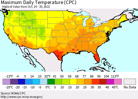 United States Maximum Daily Temperature (CPC) Thematic Map For 10/24/2022 - 10/30/2022