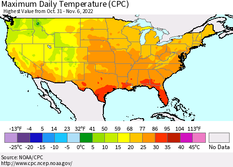 United States Maximum Daily Temperature (CPC) Thematic Map For 10/31/2022 - 11/6/2022