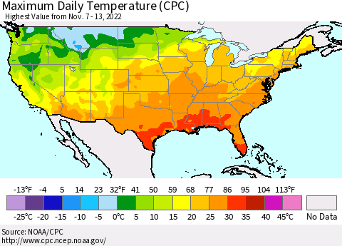 United States Maximum Daily Temperature (CPC) Thematic Map For 11/7/2022 - 11/13/2022