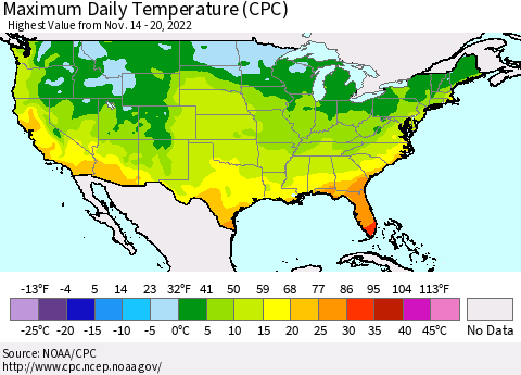 United States Maximum Daily Temperature (CPC) Thematic Map For 11/14/2022 - 11/20/2022