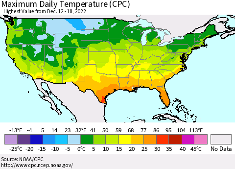 United States Maximum Daily Temperature (CPC) Thematic Map For 12/12/2022 - 12/18/2022