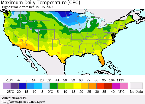 United States Maximum Daily Temperature (CPC) Thematic Map For 12/19/2022 - 12/25/2022