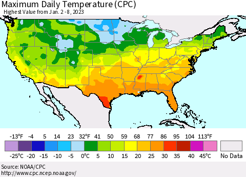United States Maximum Daily Temperature (CPC) Thematic Map For 1/2/2023 - 1/8/2023