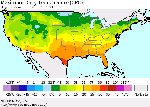 United States Maximum Daily Temperature (CPC) Thematic Map For 1/9/2023 - 1/15/2023