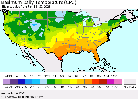 United States Maximum Daily Temperature (CPC) Thematic Map For 1/16/2023 - 1/22/2023