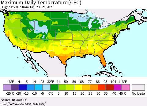 United States Maximum Daily Temperature (CPC) Thematic Map For 1/23/2023 - 1/29/2023
