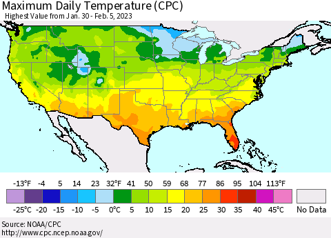 United States Maximum Daily Temperature (CPC) Thematic Map For 1/30/2023 - 2/5/2023