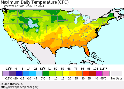 United States Maximum Daily Temperature (CPC) Thematic Map For 2/6/2023 - 2/12/2023