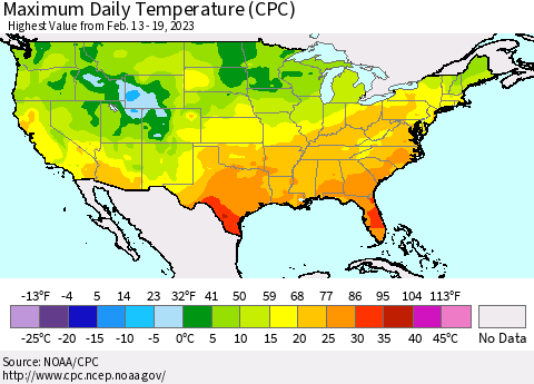 United States Maximum Daily Temperature (CPC) Thematic Map For 2/13/2023 - 2/19/2023