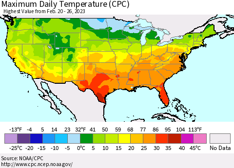 United States Maximum Daily Temperature (CPC) Thematic Map For 2/20/2023 - 2/26/2023